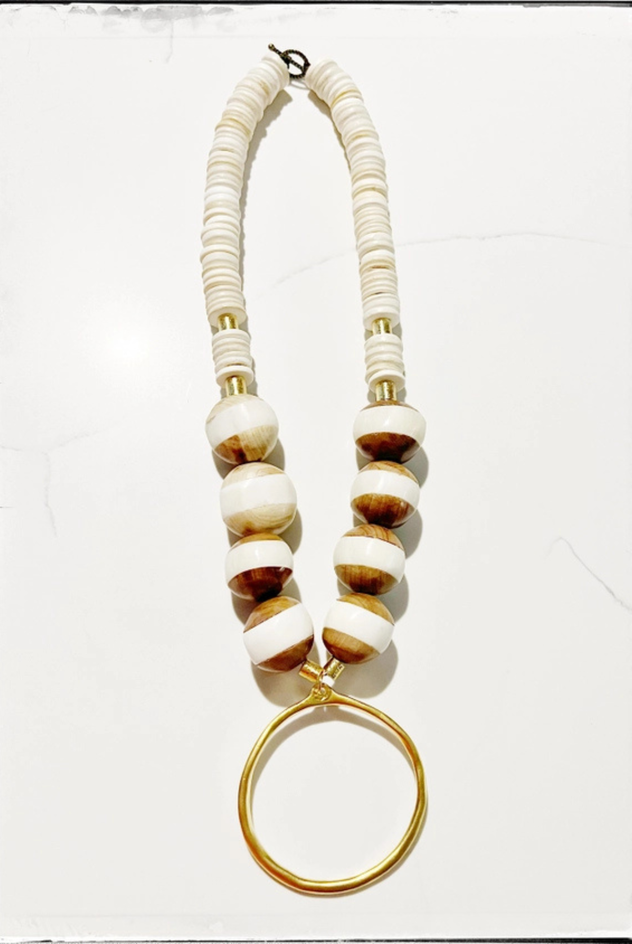 Wood Beaded Necklace with Gold Circle Pendant