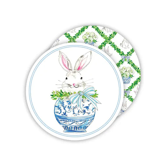 Handpainted Bunny in Chinoiserie Pot Round Coaster