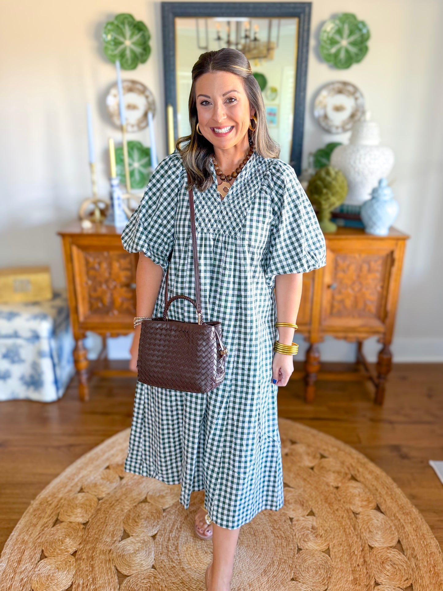 Cottage Gingham Midi Dress in Hunter Green