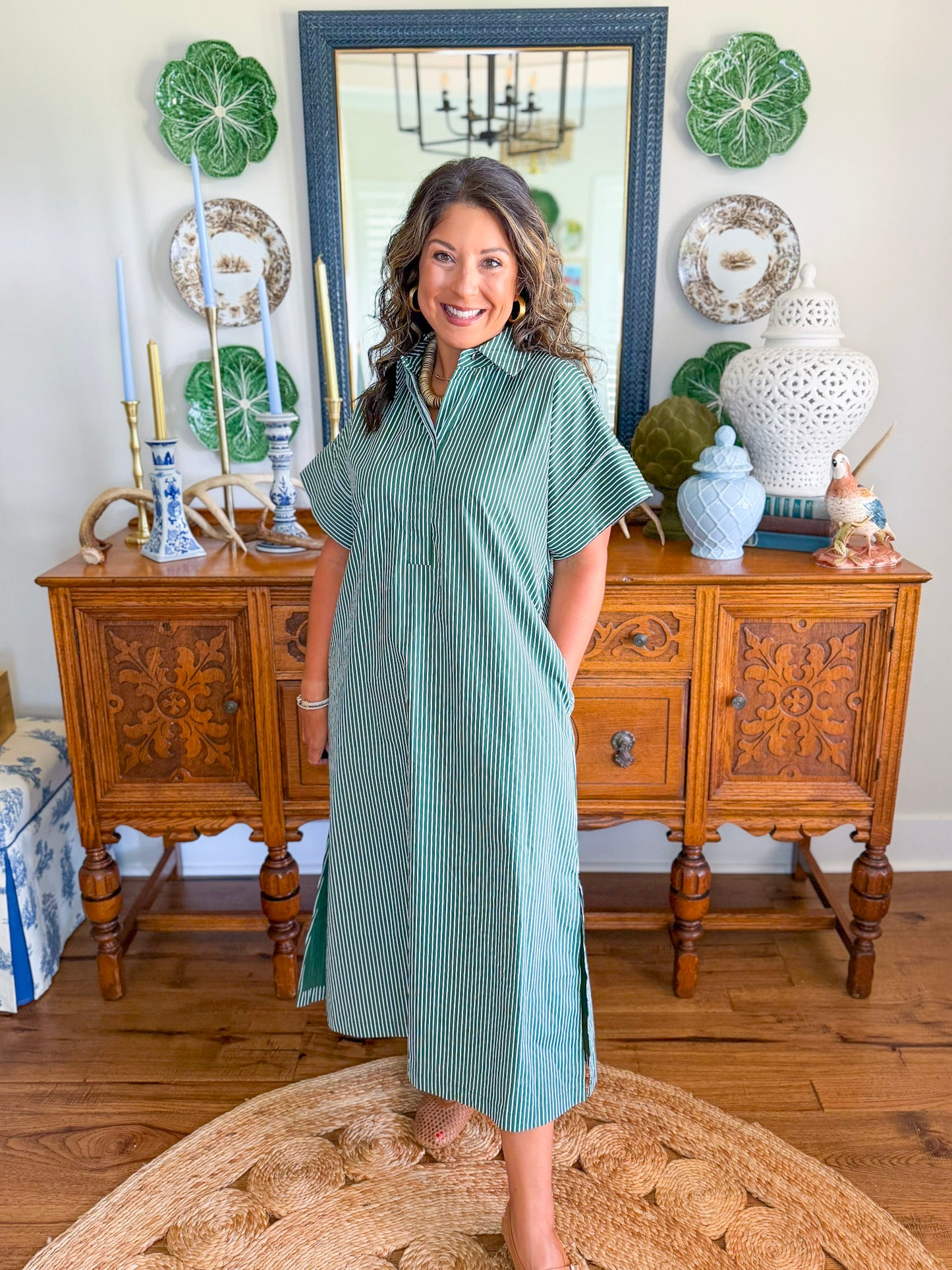 The Lexington Stripe Dress in Hunter Green