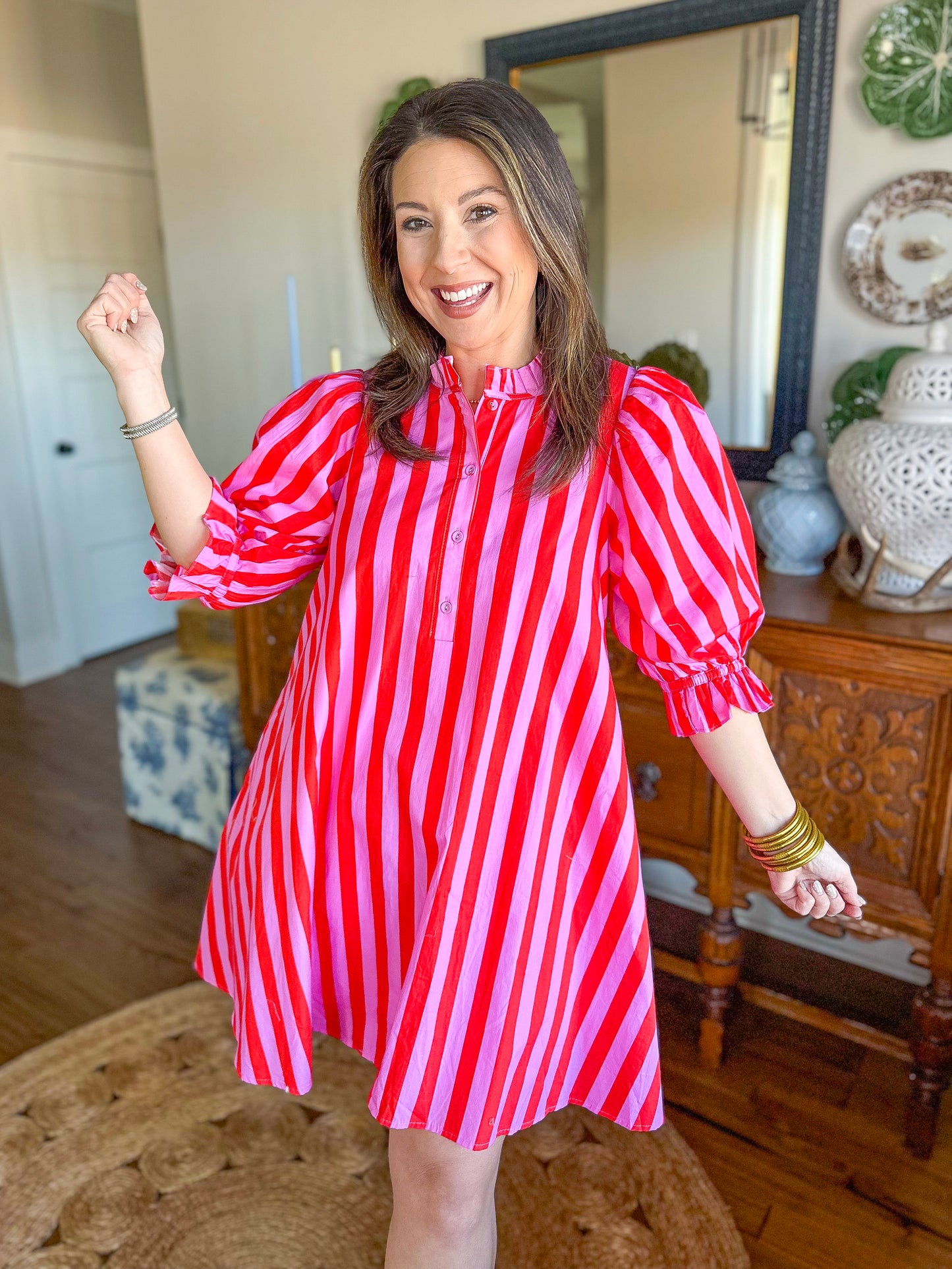 The Camden Dress in Pink/Red Stripes