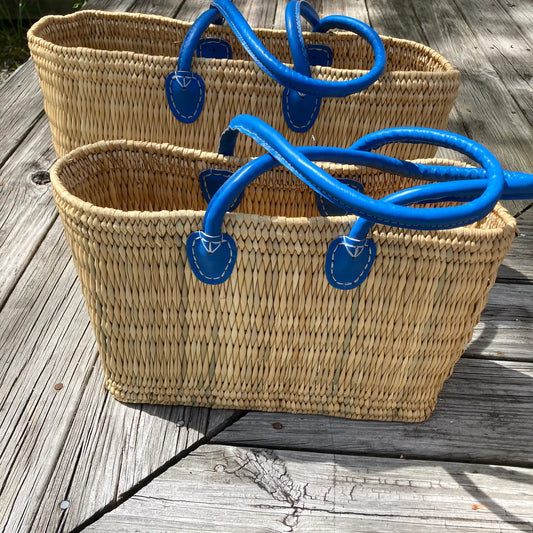 Straw Tote with Blue Handles -Medium