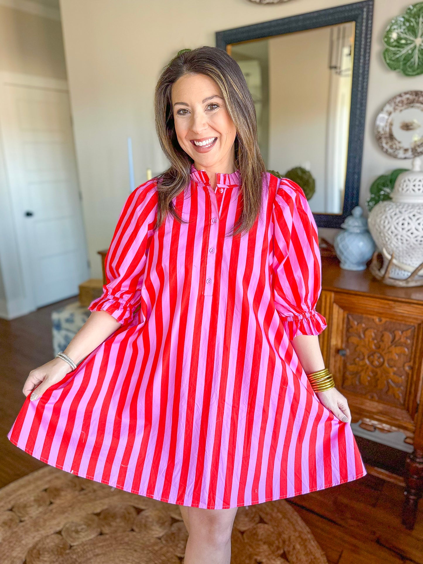 The Camden Dress in Pink/Red Stripes