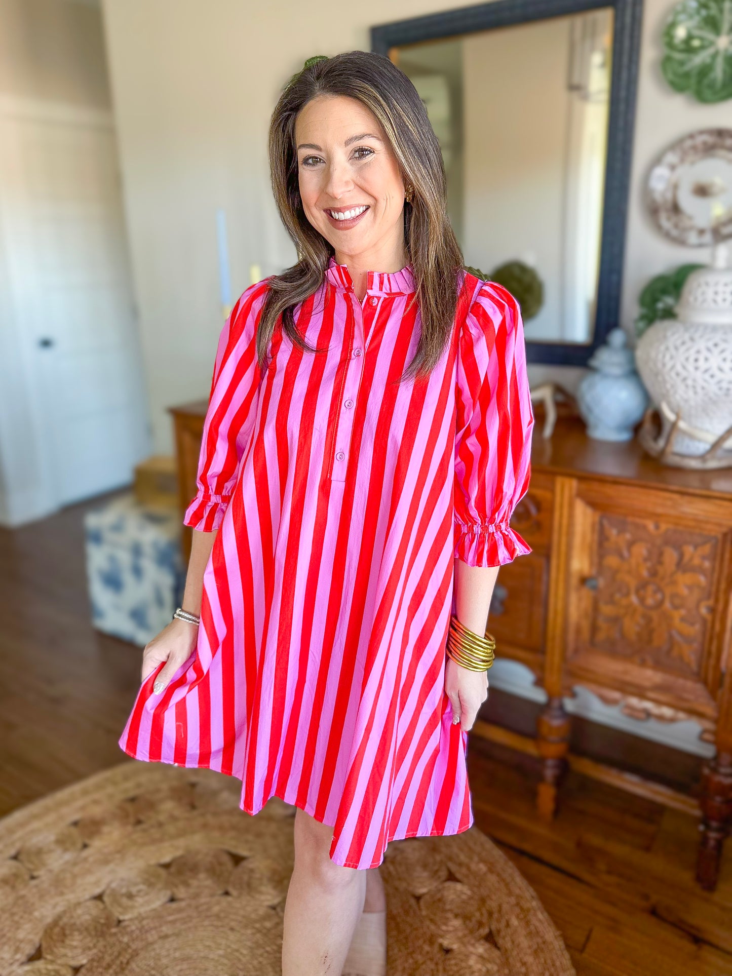 The Camden Dress in Pink/Red Stripes