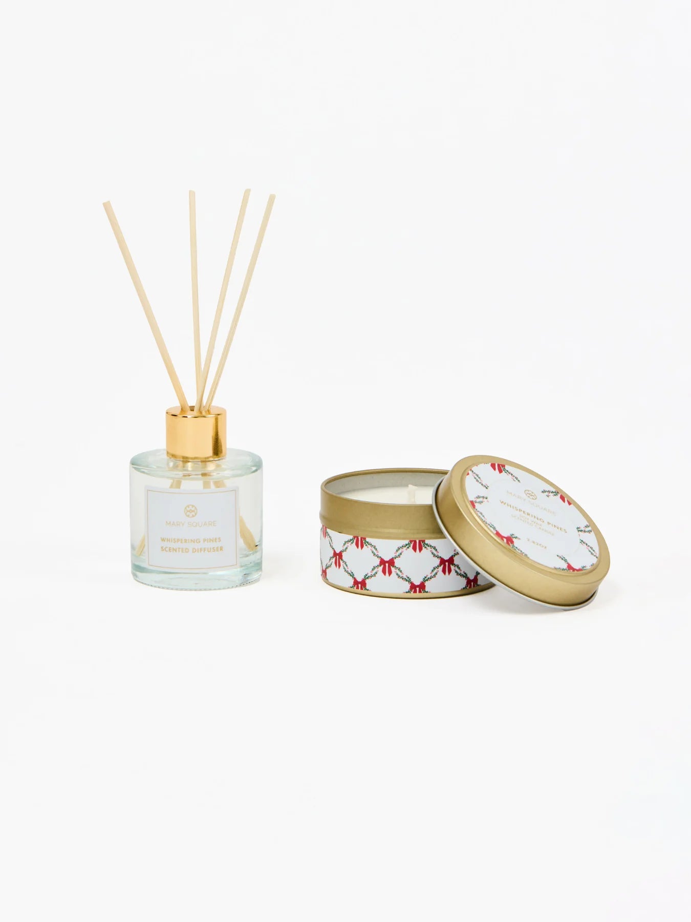 Mary Square Candle Reed Diffuser Set in Whispering Pines