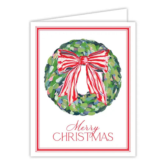 Merry Christmas Wreath with Red and White Greeting Card