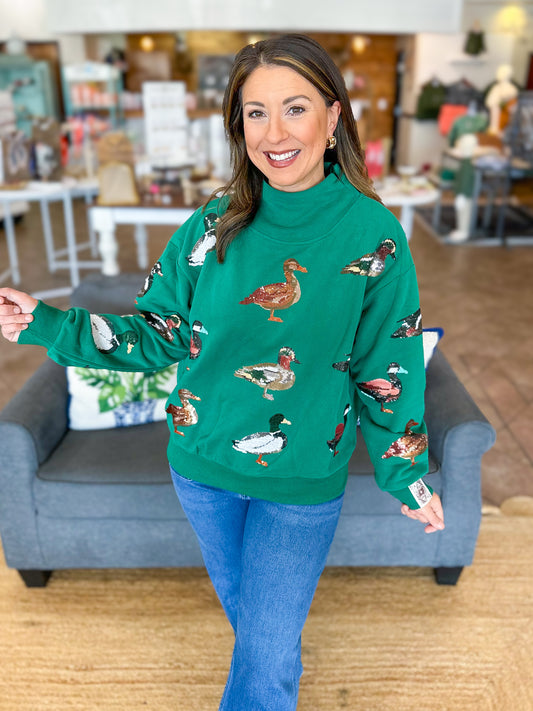 Queen of Sparkles Green Duck Mockneck Sweatshirt