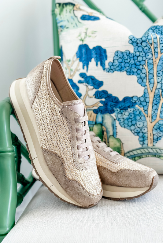 Naked Feet Kinetic Platform Sneakers in Gold Raffia