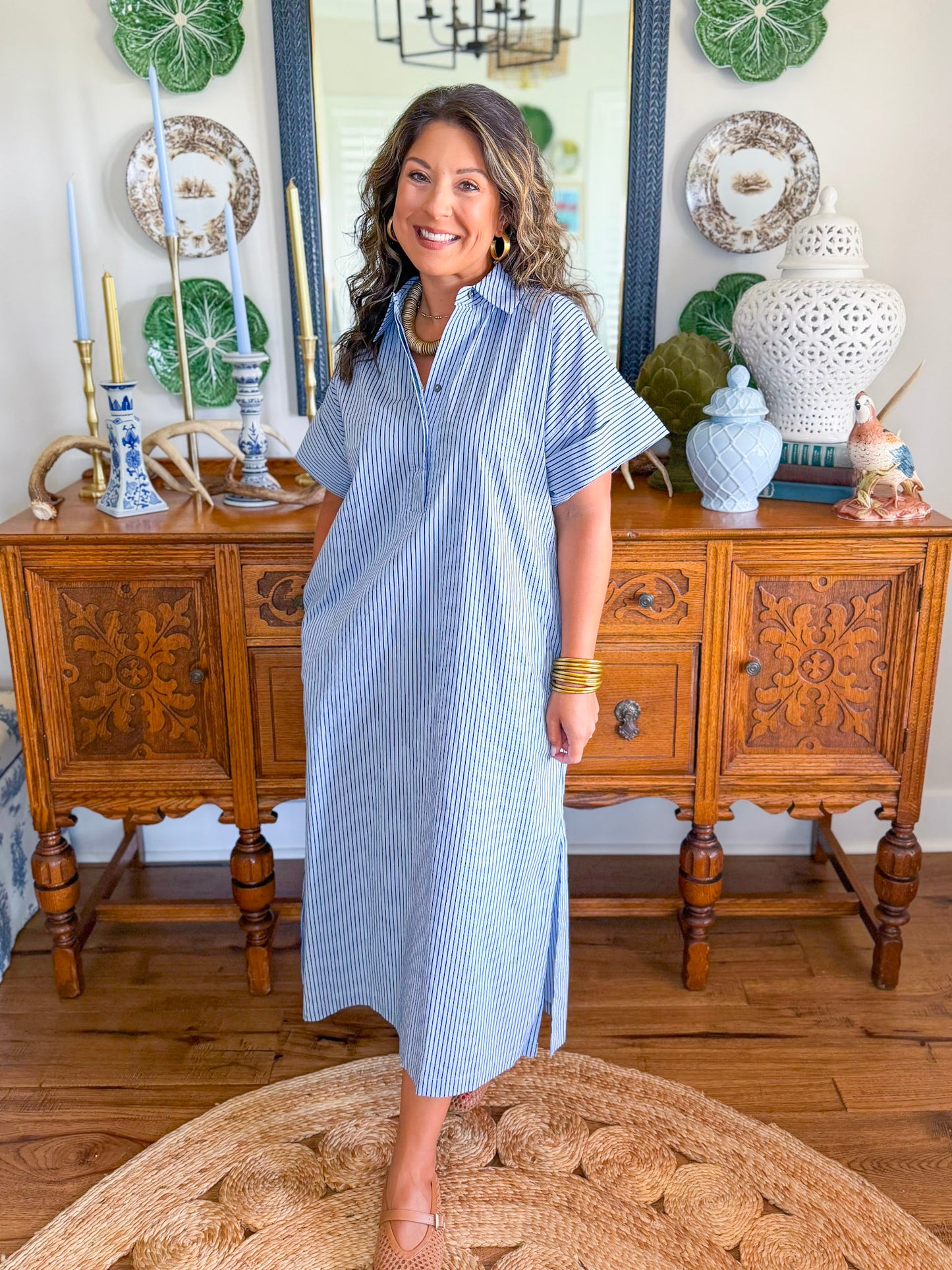 The Lexington Stripe Dress in Dusty Blue