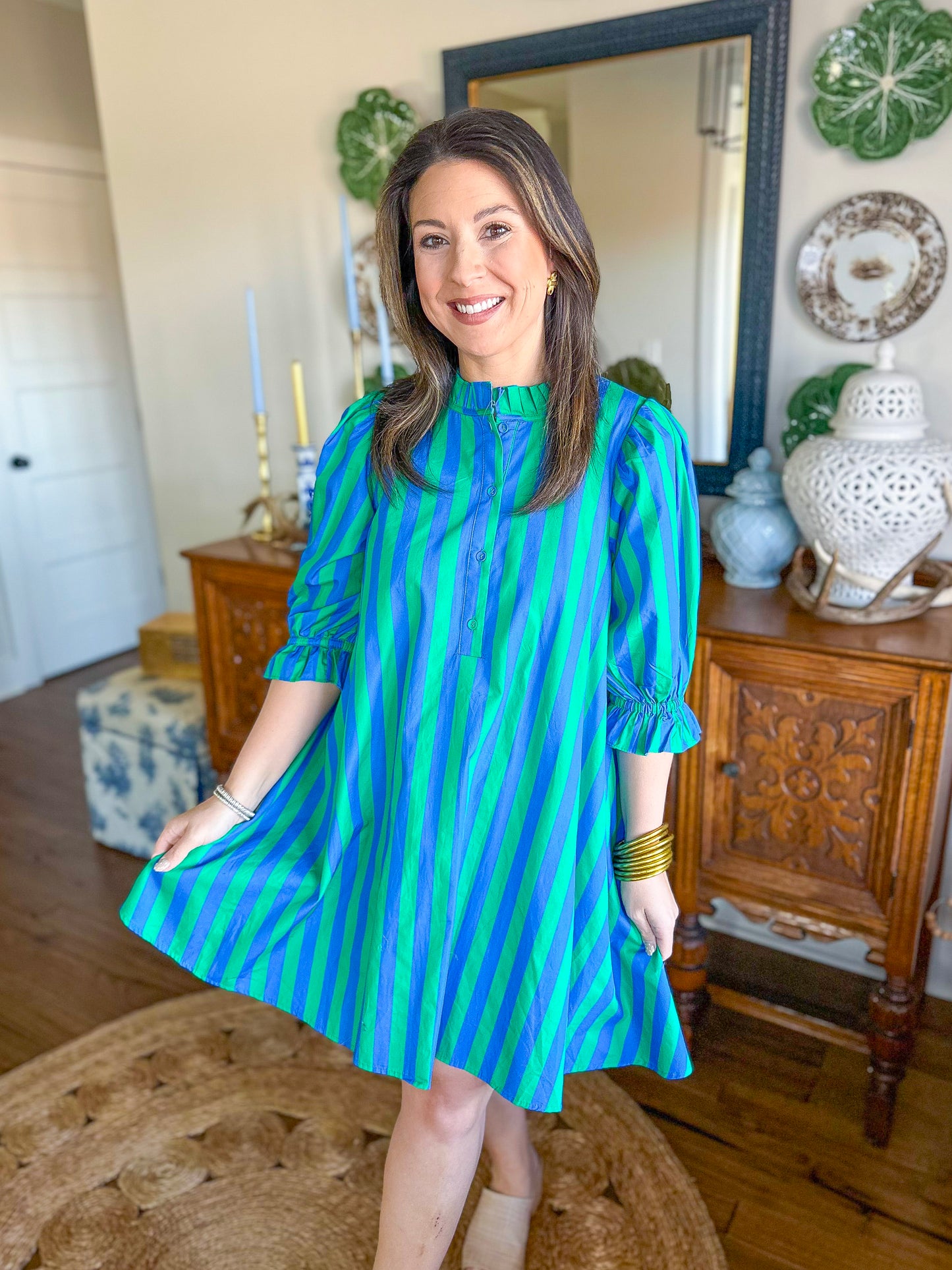 The Camden Dress in Green/Blue Stripes