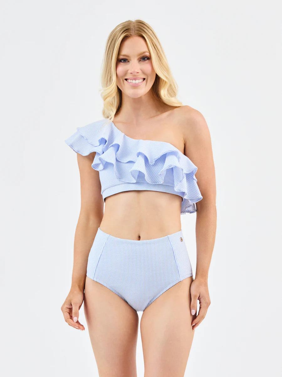 Mary Square | Katelyn Swimsuit in Blue + White Seersucker