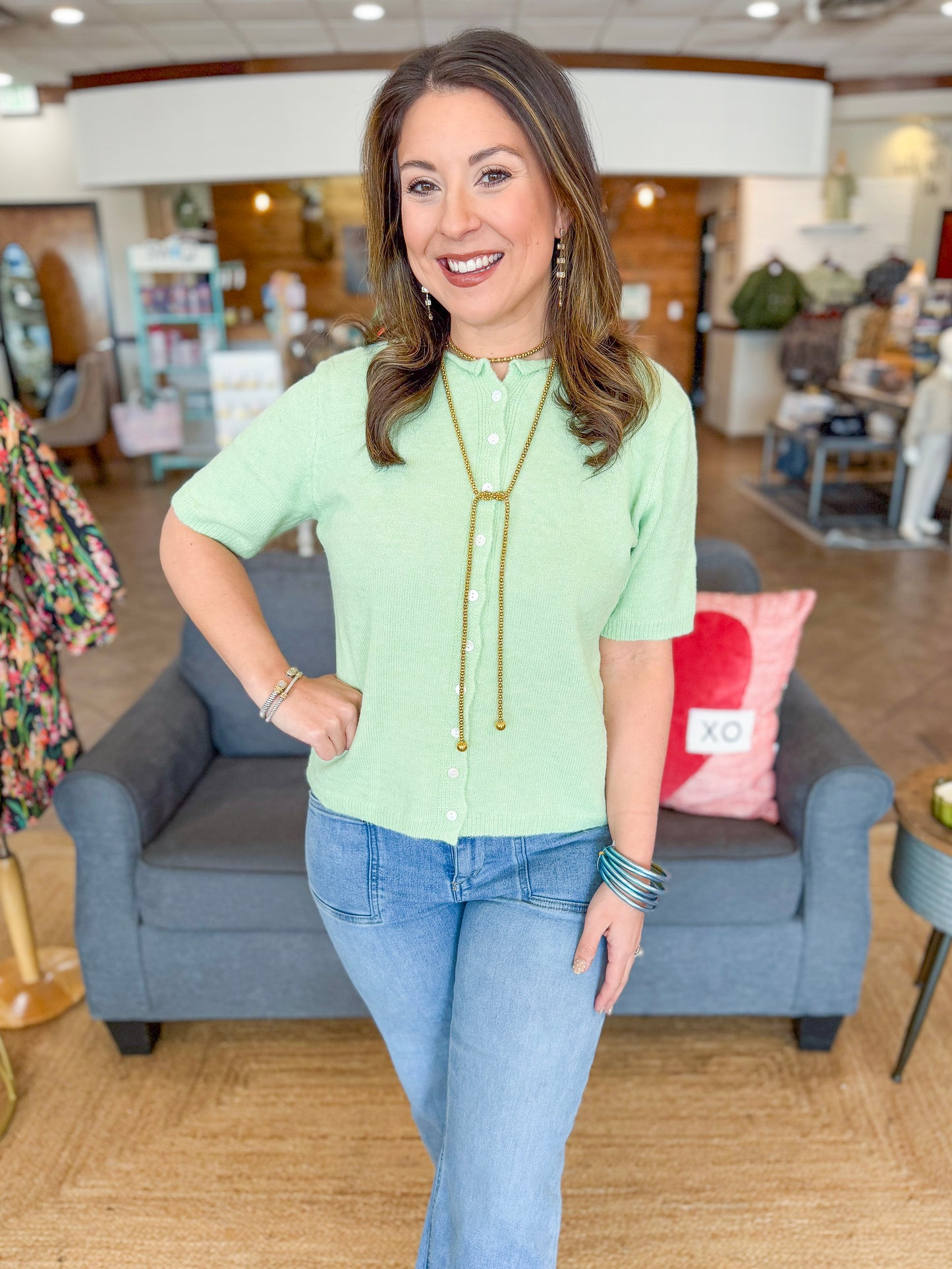 The Blythe Short Sleeve Cardigan in Green Tea