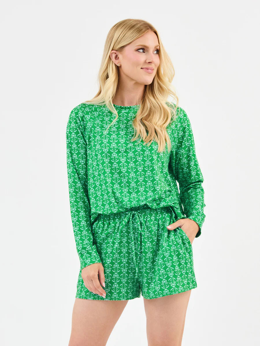 Mary Square | Annie Short Set Pajamas in Palm Damask Green