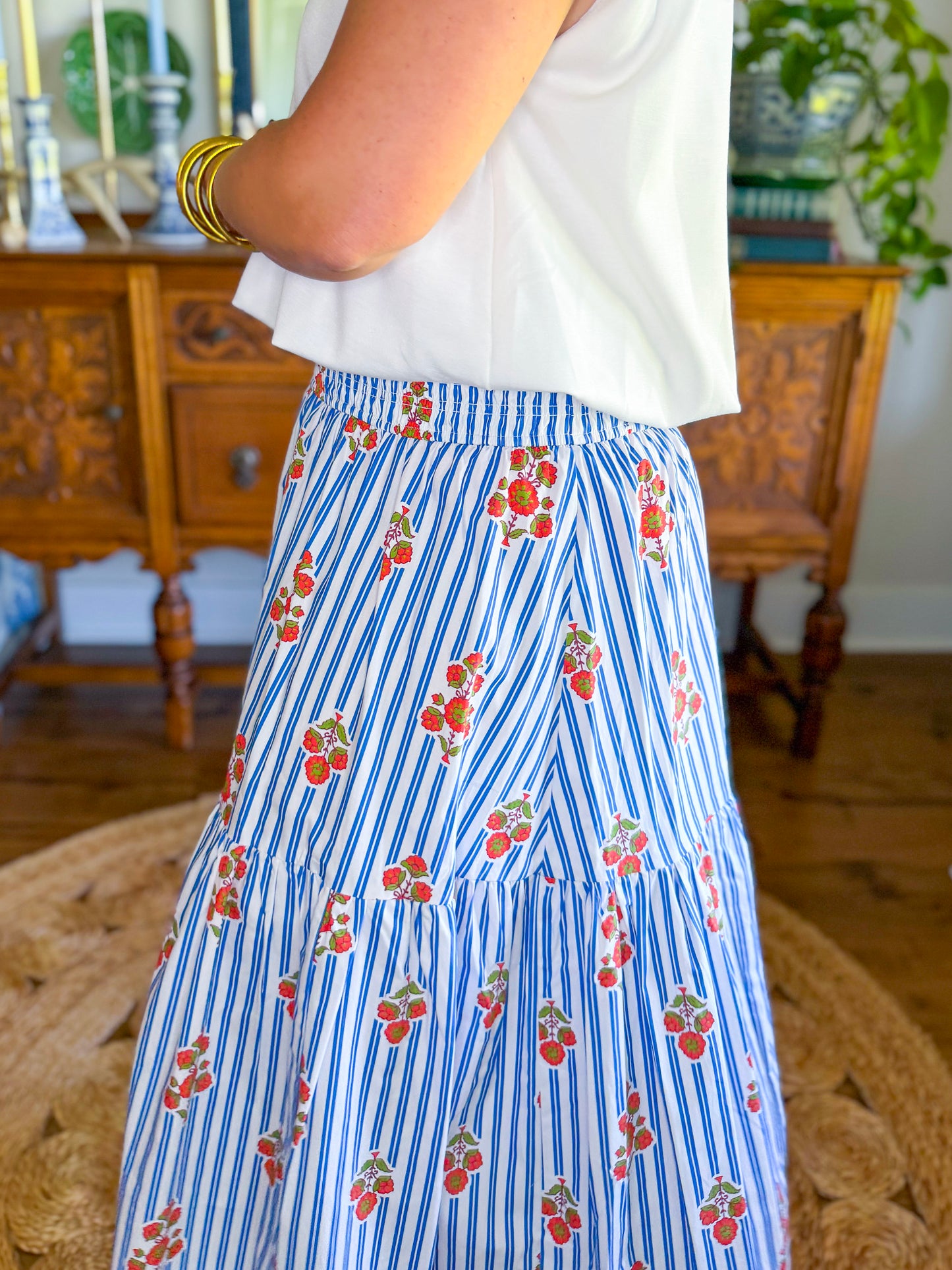 Karlie Stripe Floral Smock Tier Maxi Skirt
