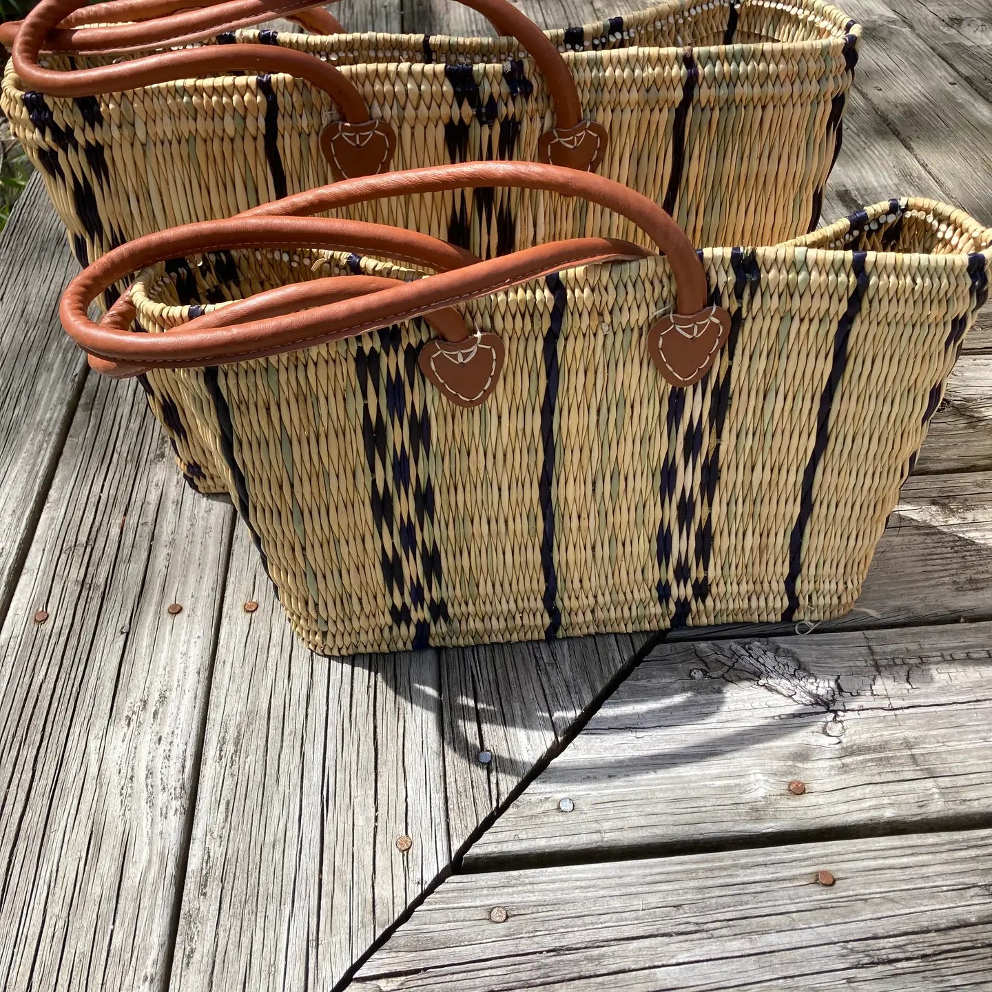 Blue Stripe Straw Tote- Medium