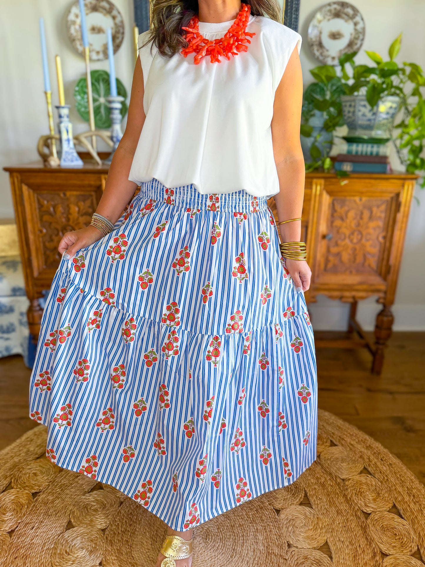Karlie Stripe Floral Smock Tier Maxi Skirt