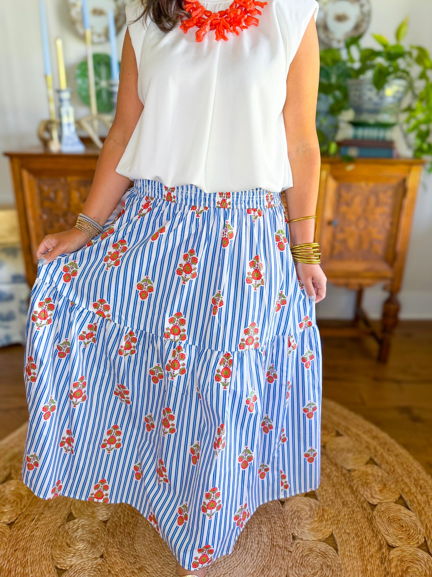 Karlie Stripe Floral Smock Tier Maxi Skirt