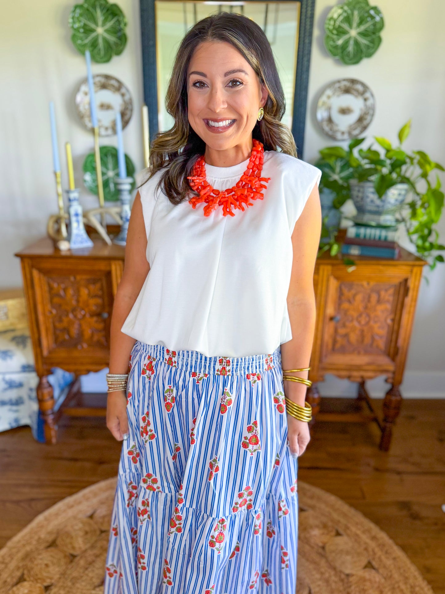 Karlie Stripe Floral Smock Tier Maxi Skirt