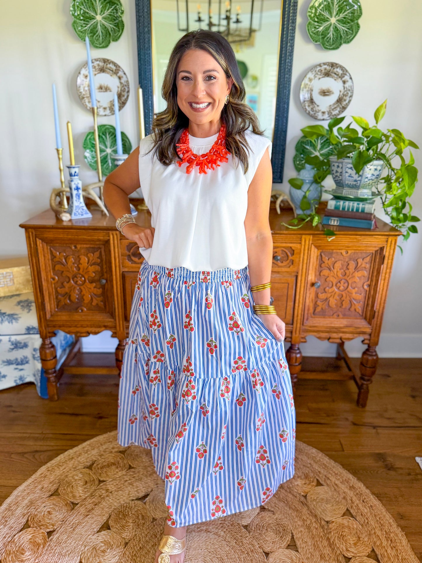 Karlie Stripe Floral Smock Tier Maxi Skirt