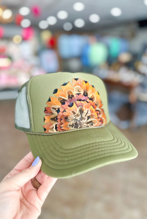 Olive Feathered Trucker Hat - Tiffany