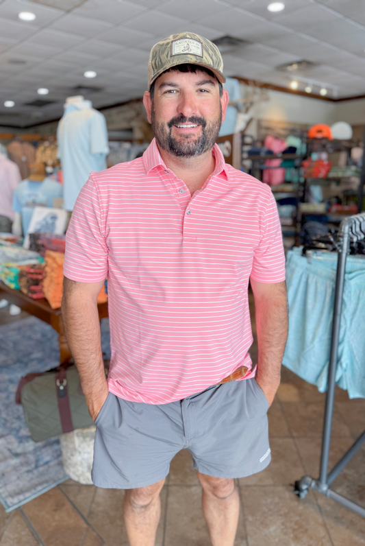 Southern Point Horizon Stripe Performance Polo in Flamingo/White