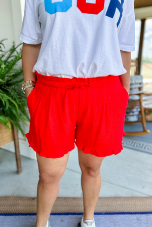 Fun & Free Ruffle Linen Shorts in Red