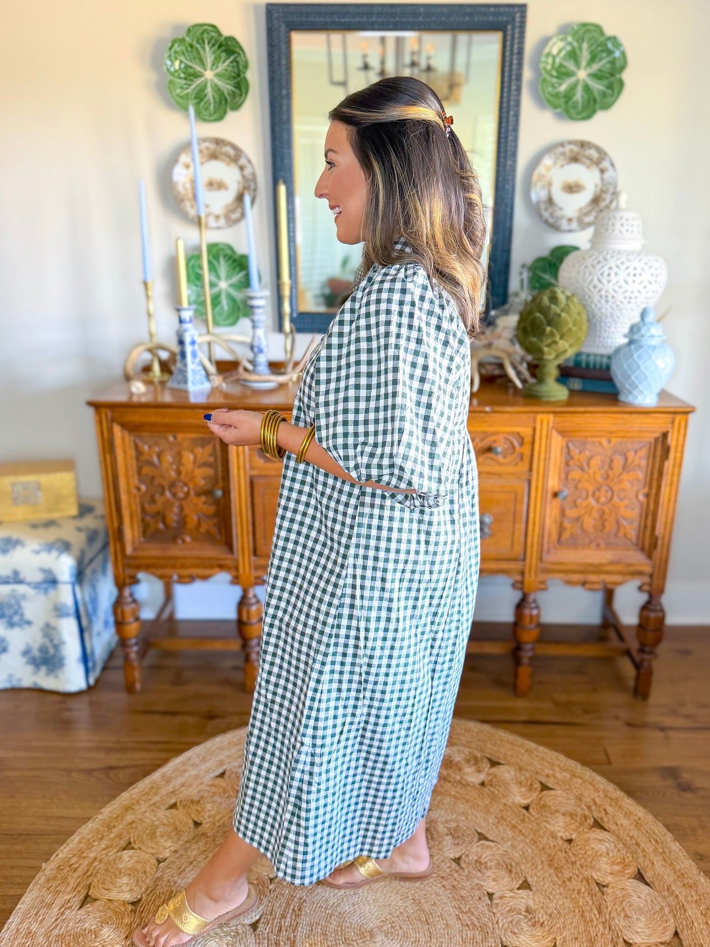 Cottage Gingham Midi Dress in Hunter Green