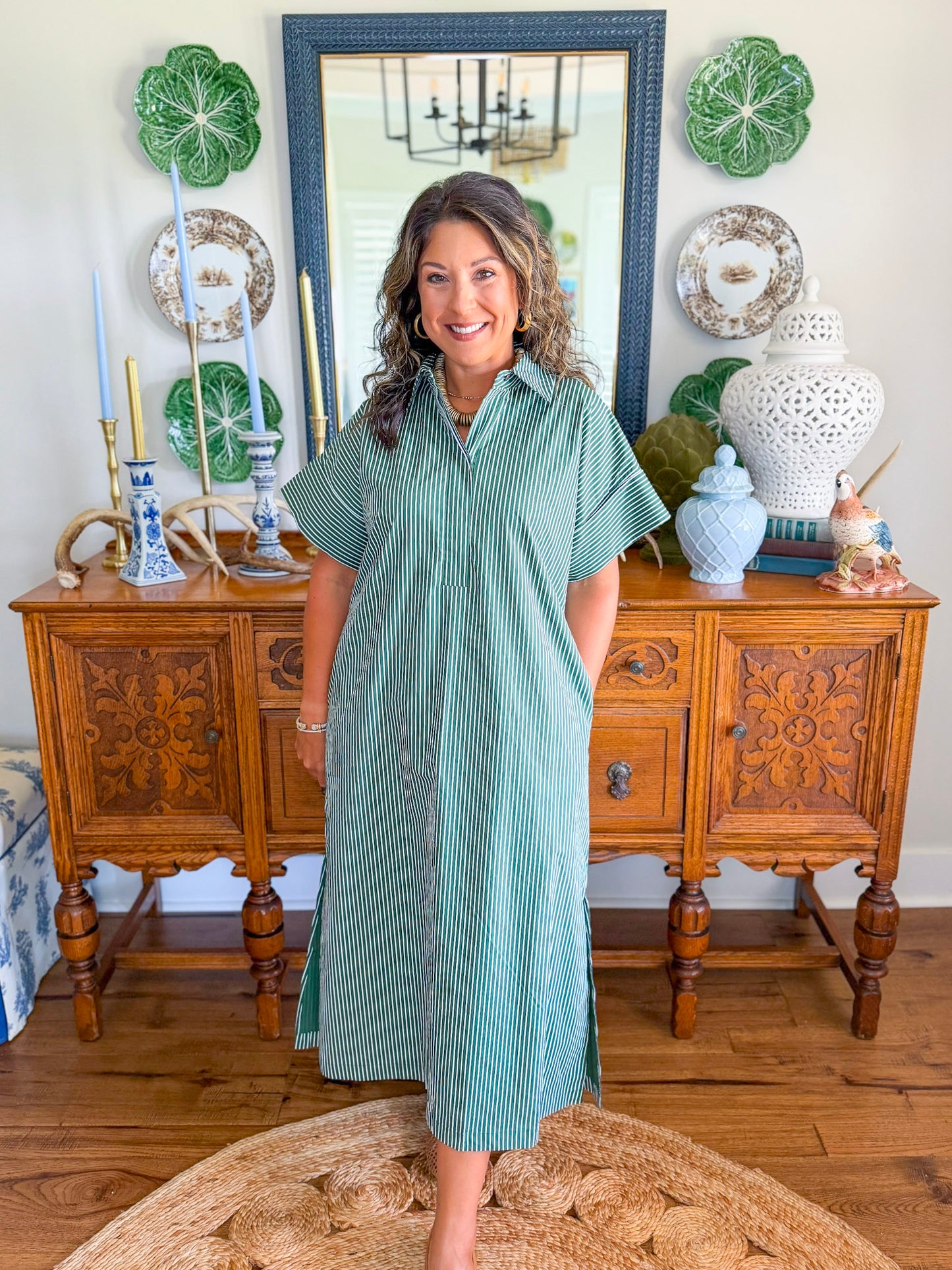 The Lexington Stripe Dress in Hunter Green