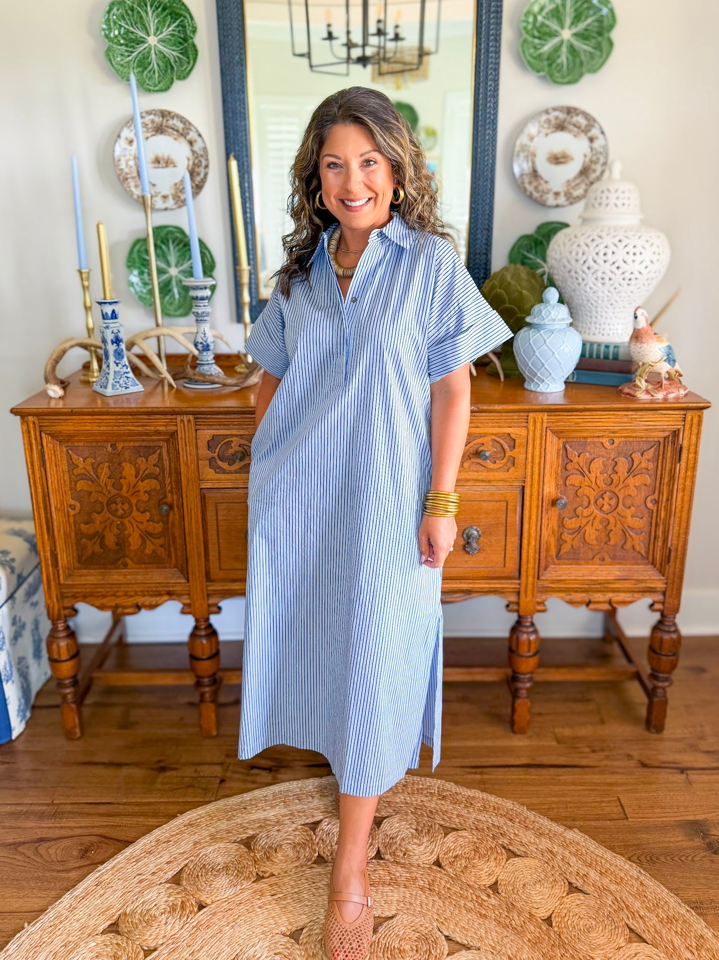 The Lexington Stripe Dress in Dusty Blue