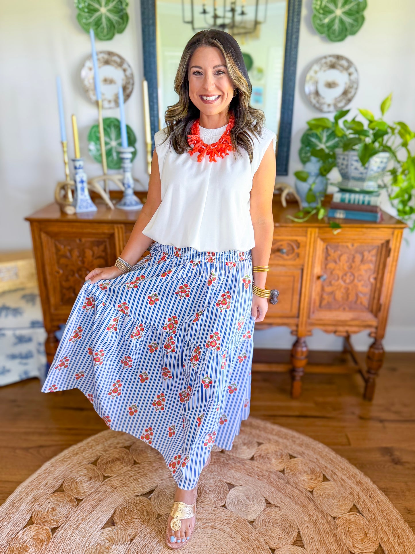 Karlie Stripe Floral Smock Tier Maxi Skirt