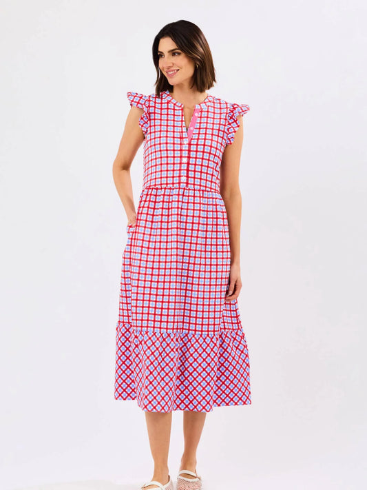 Mary Square | Riley Flutter Sleeve Dress in Red and Blue Gingham