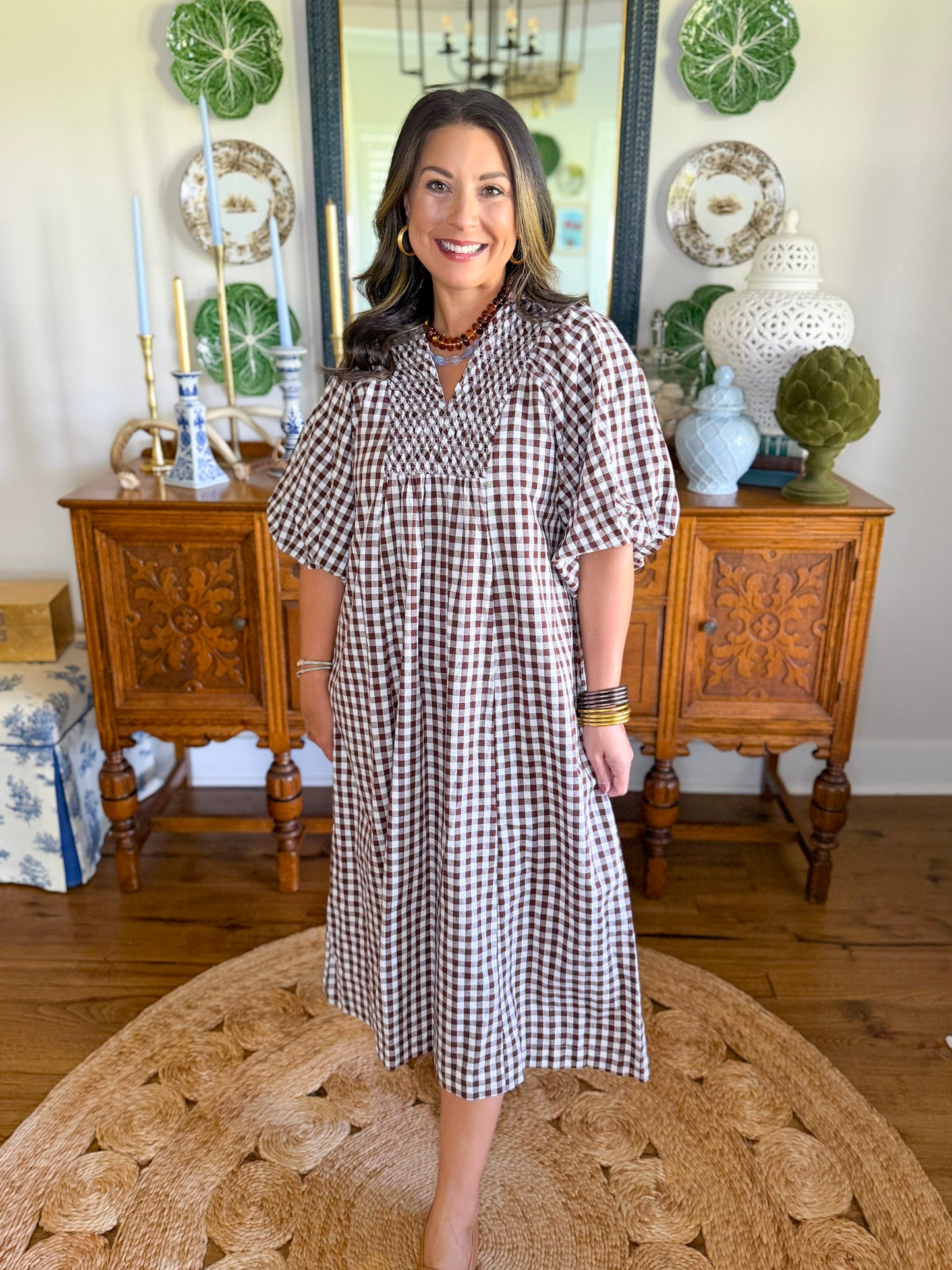 Cottage Gingham Midi Dress in Chocolate