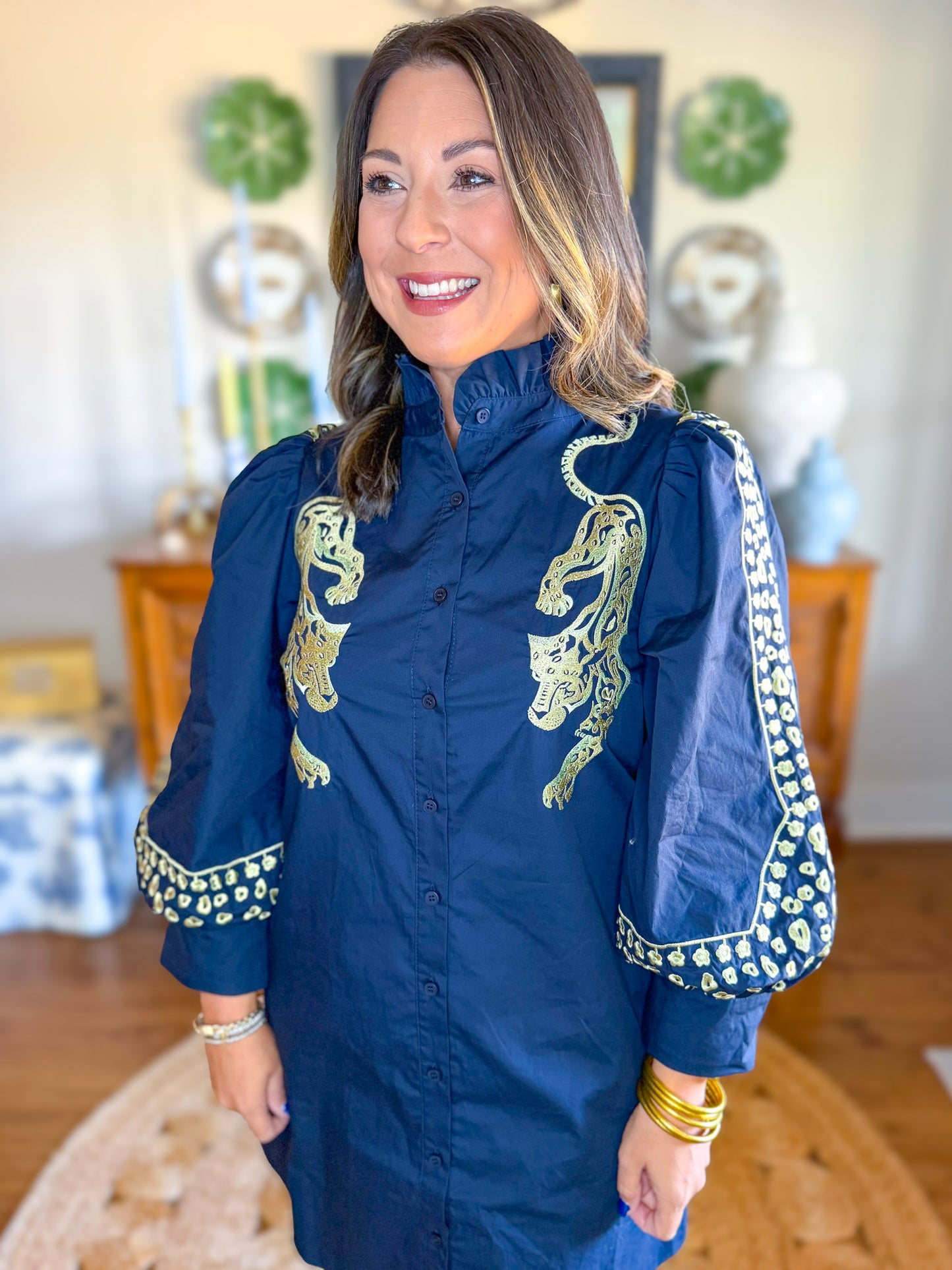 Golden Panther Dress in Navy