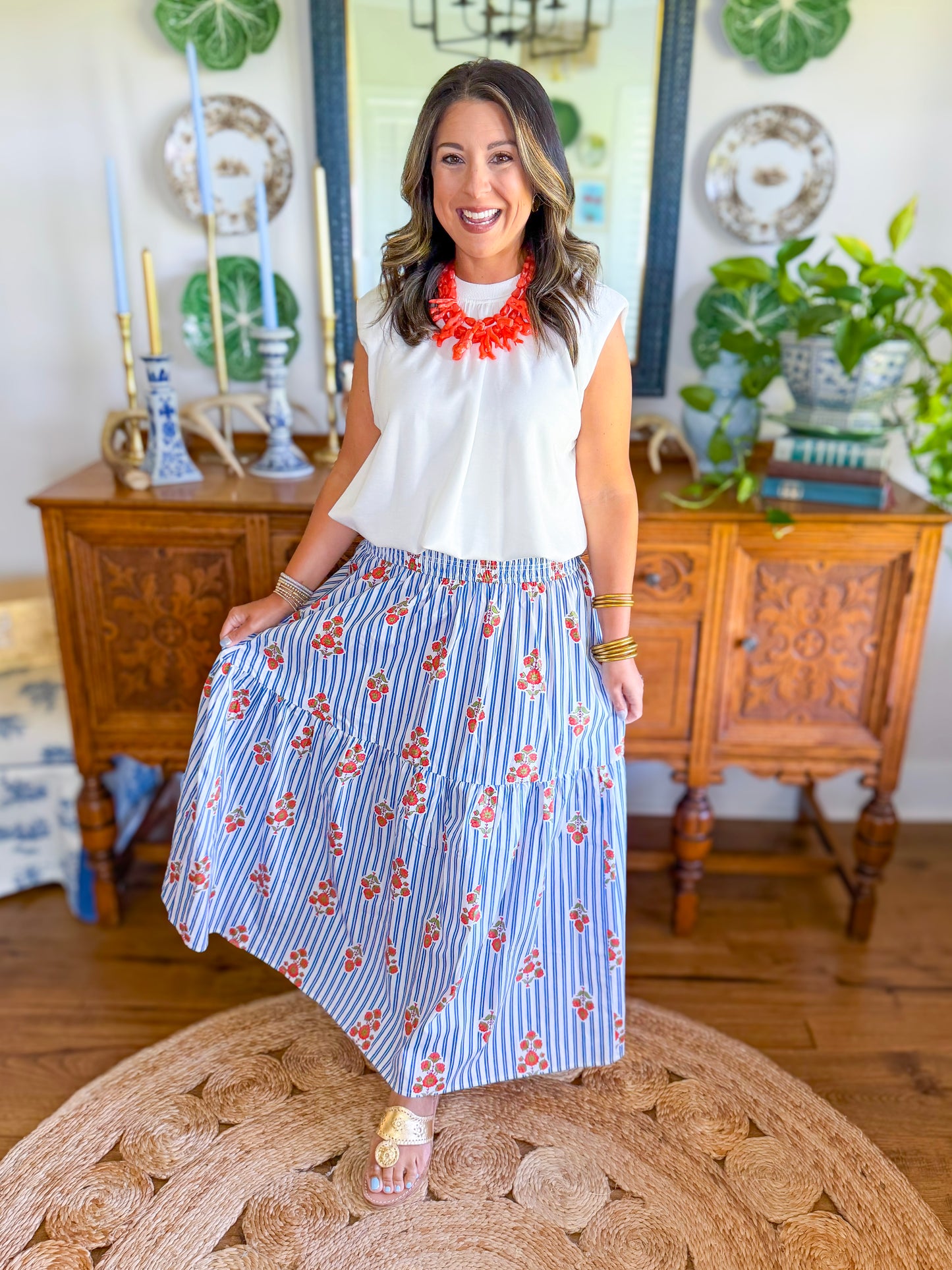 Karlie Stripe Floral Smock Tier Maxi Skirt