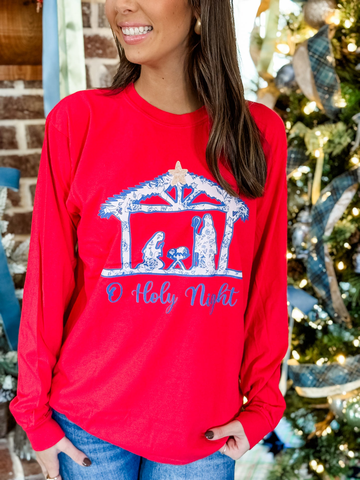 Red O Holy Night Nativity Long Sleeve Tee