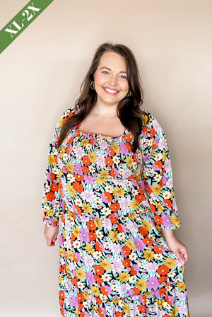 Curvy Floral Blooms Tiered Maxi Dress in Black Mix