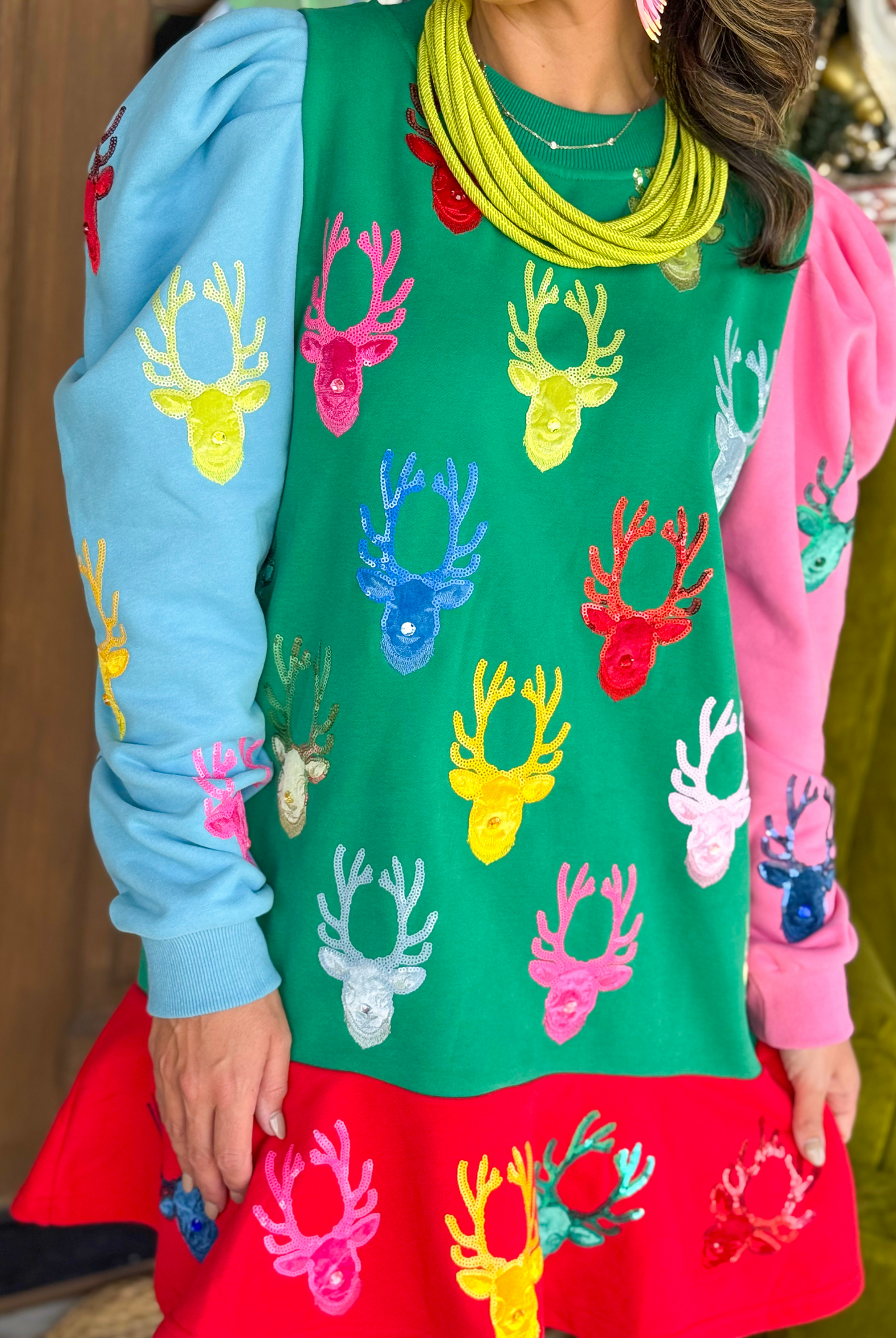 Queen of Sparkles Colorblock Dress with Velvet Reindeer Heads