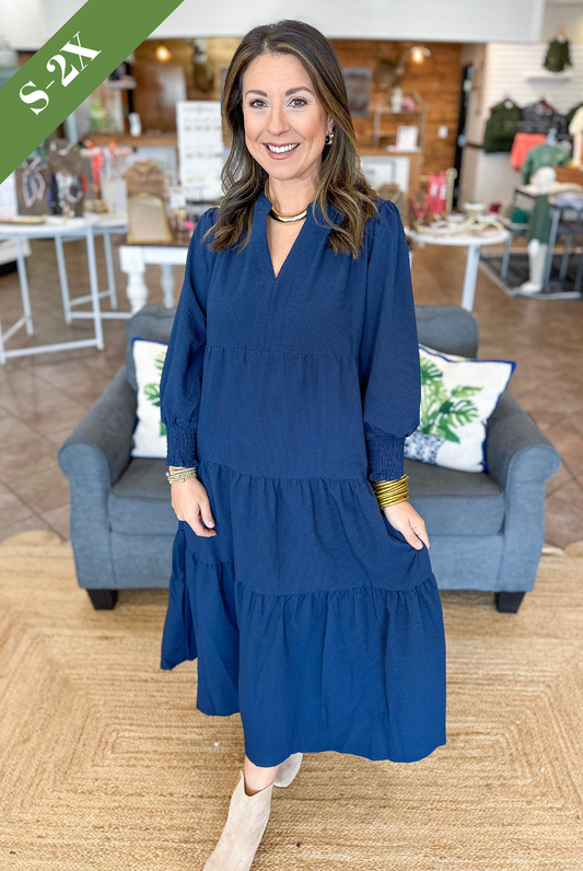 The Lennon Tiered Midi Dress in Navy