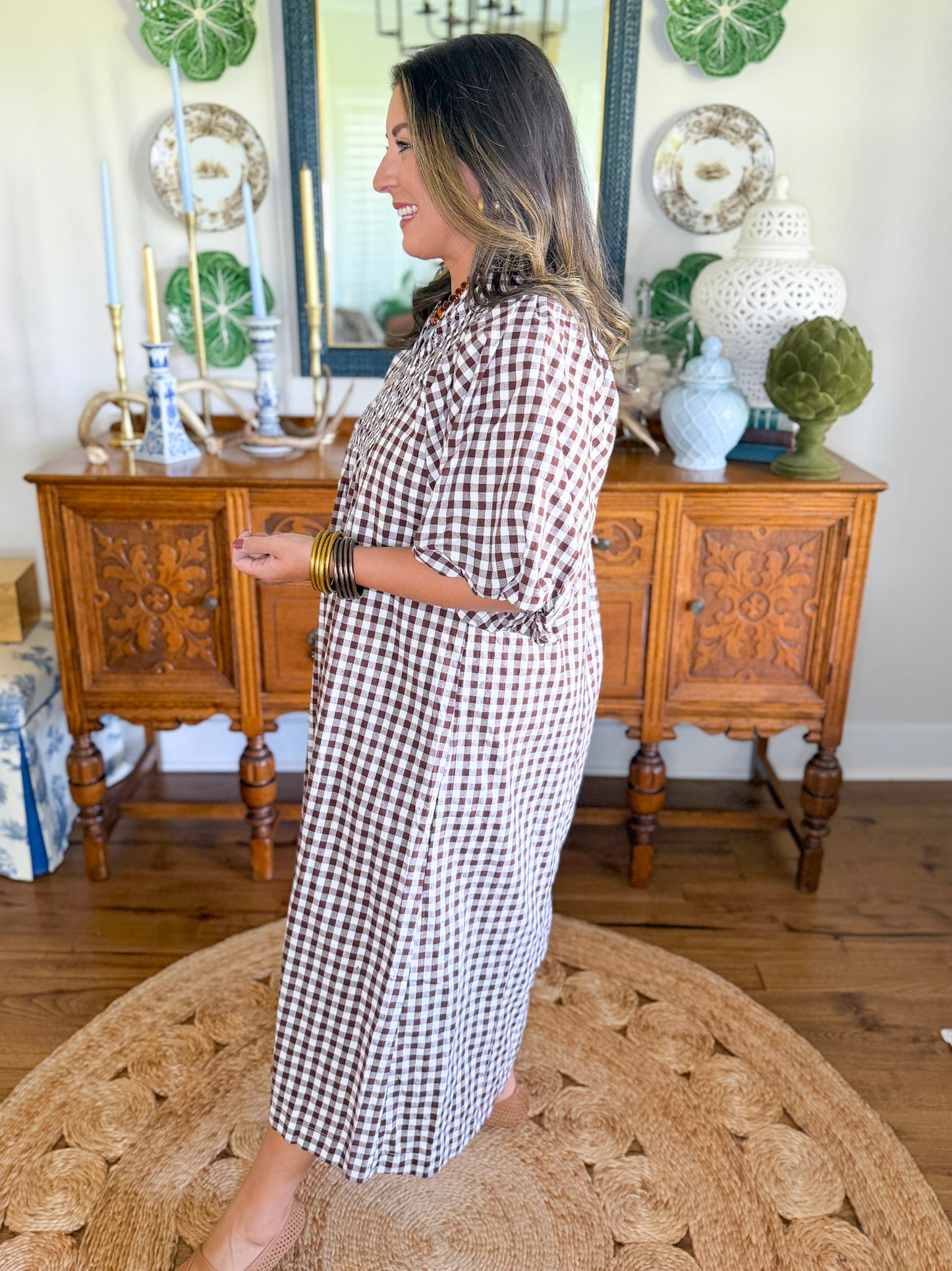 Cottage Gingham Midi Dress in Chocolate