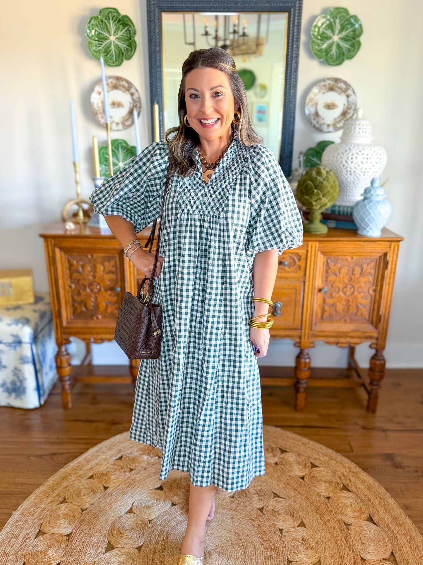 Cottage Gingham Midi Dress in Hunter Green