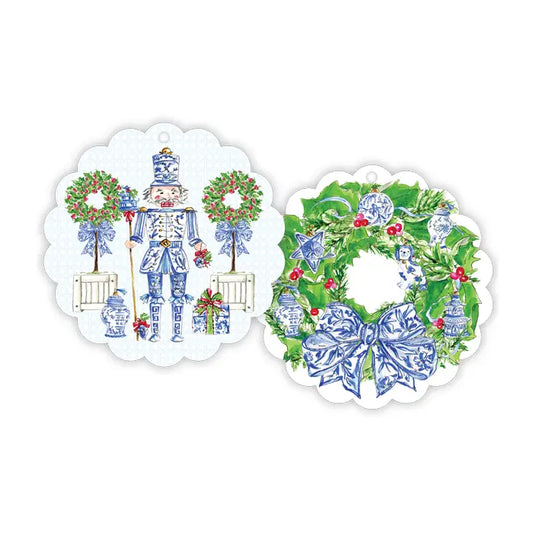 Chinoiserie Nutcrackers with Topiary Scalloped Gift Tag Set