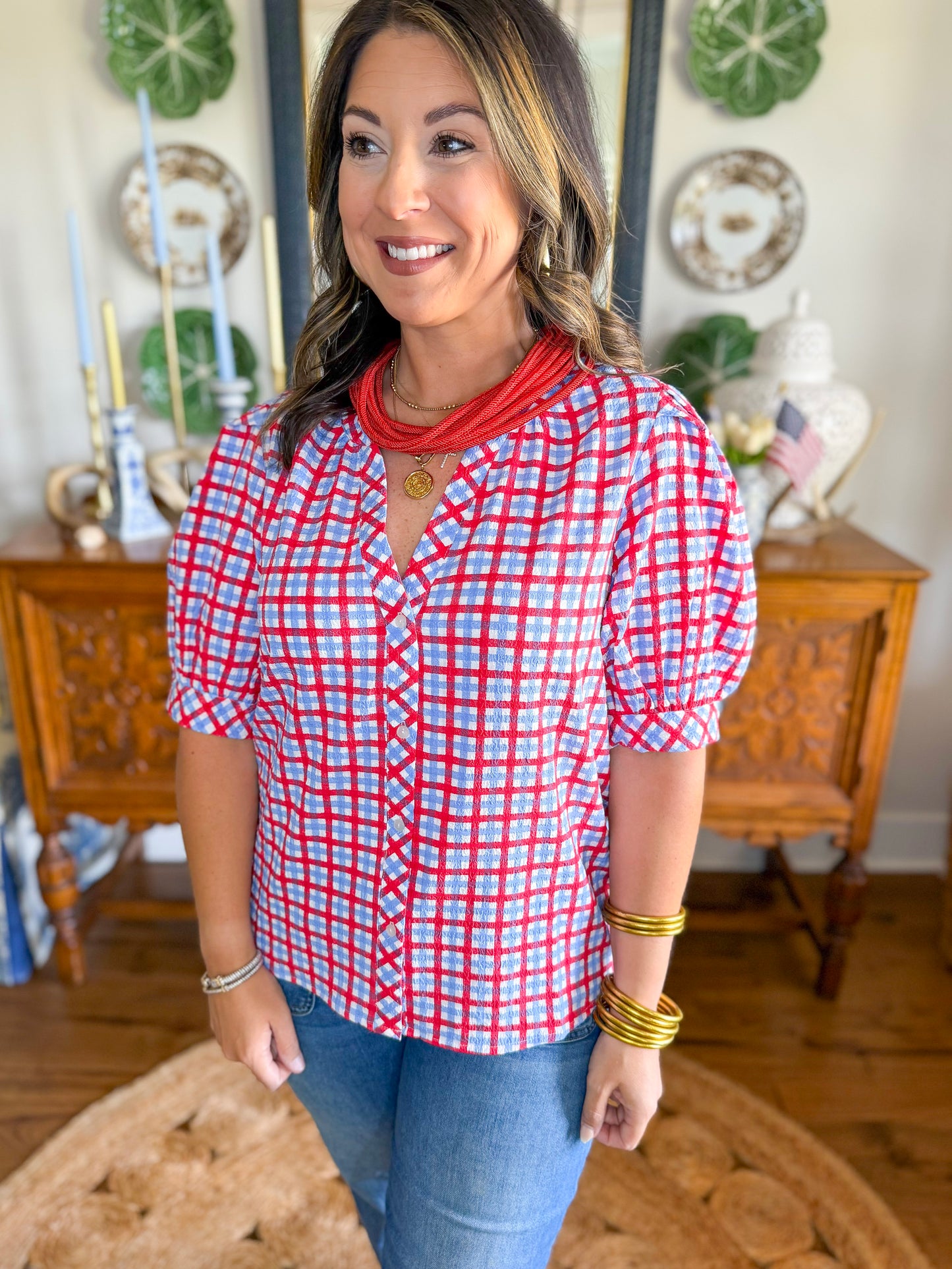 Mary Square | Elaine Top in Red and Blue Gingham