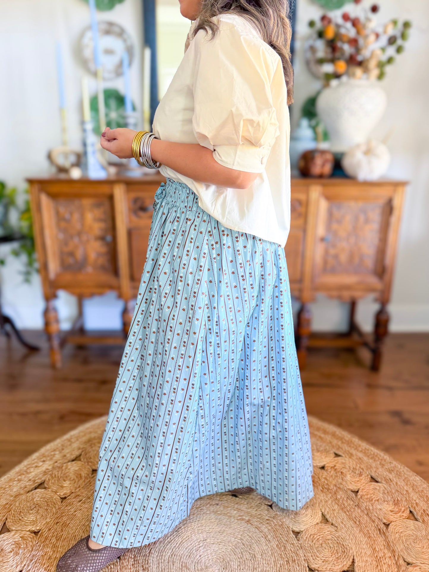 Karlie | Floral Stripe Tie Smock Waist Maxi Skirt
