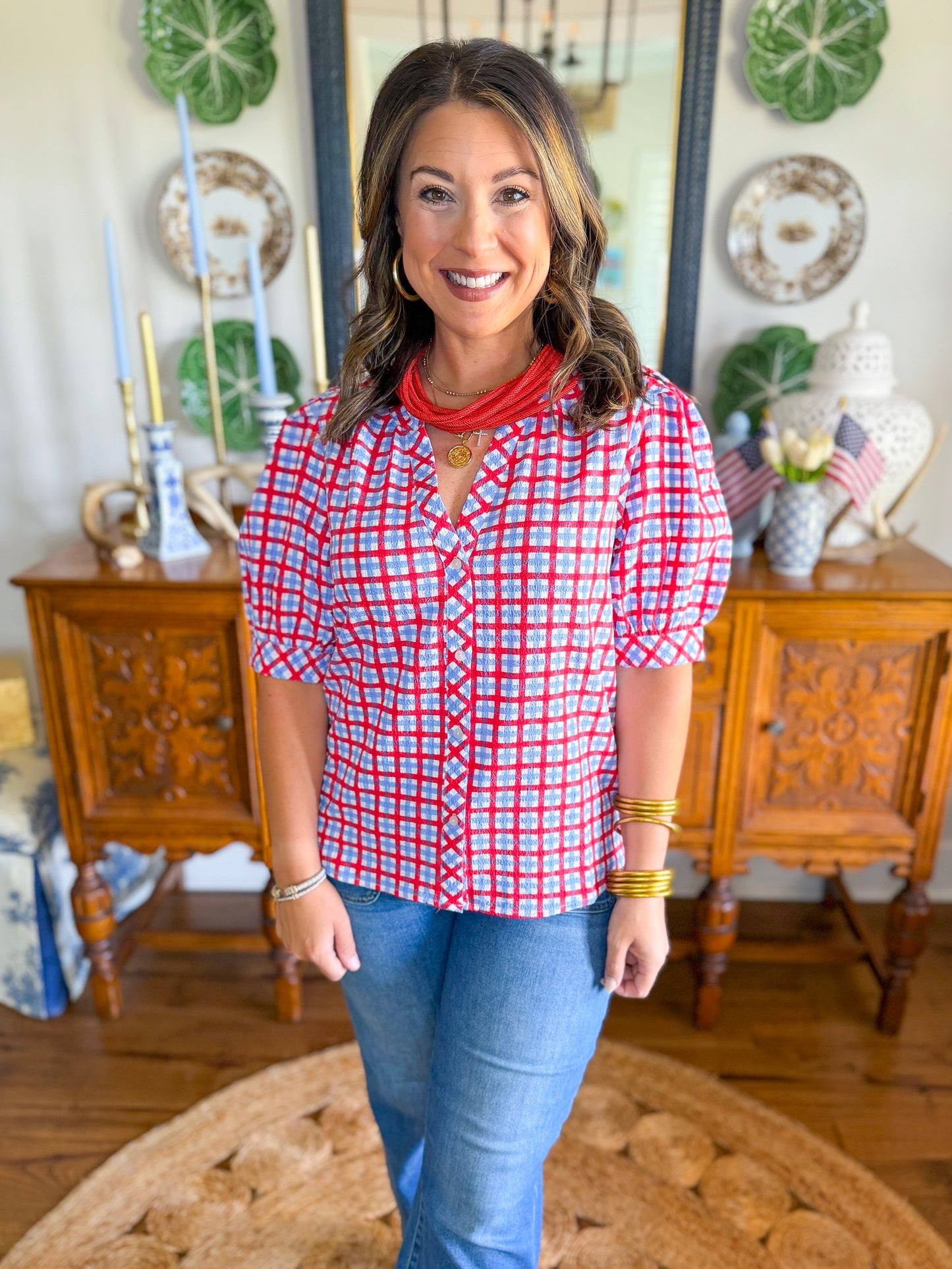 Mary Square | Elaine Top in Red and Blue Gingham