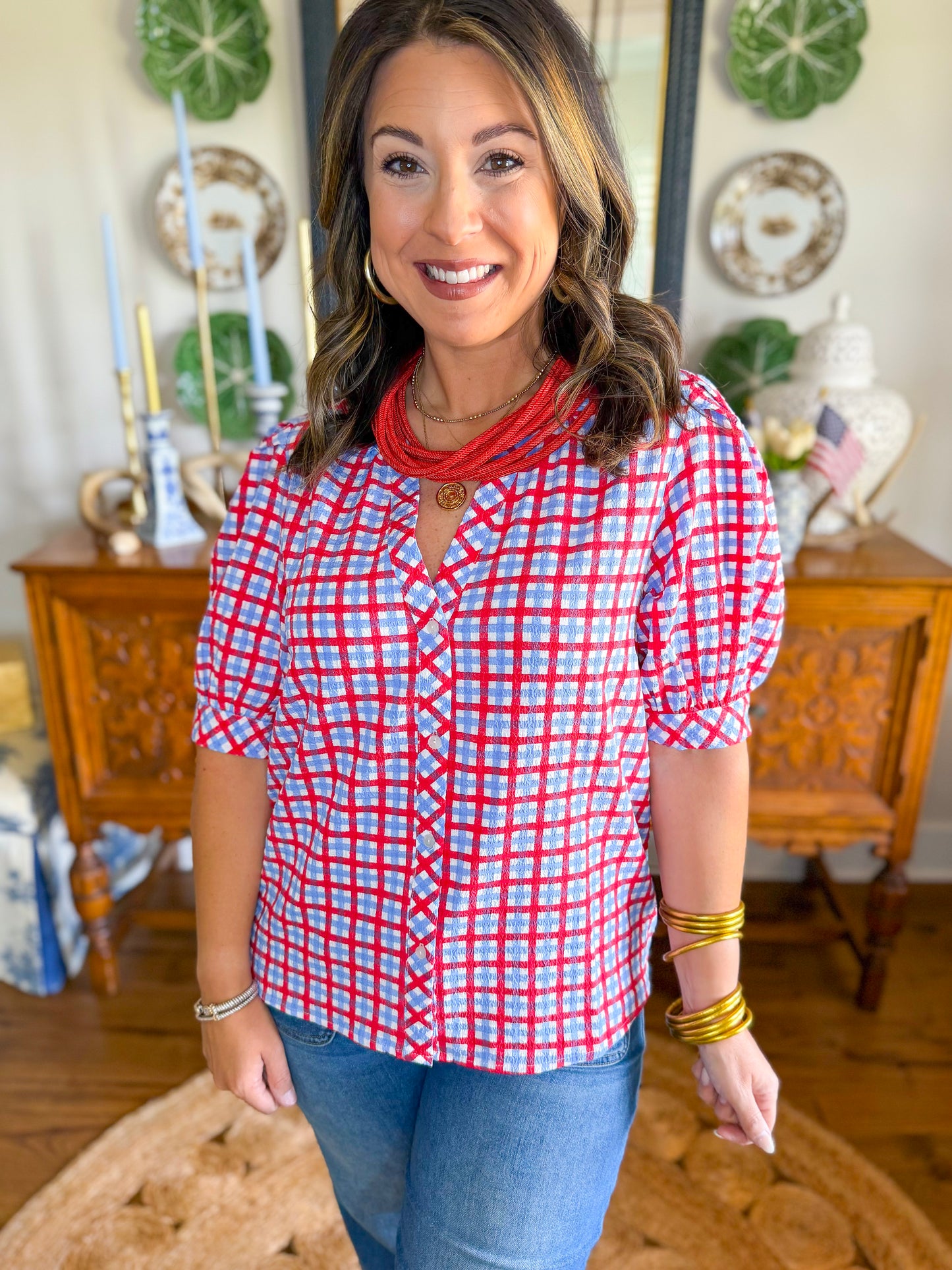 Mary Square | Elaine Top in Red and Blue Gingham