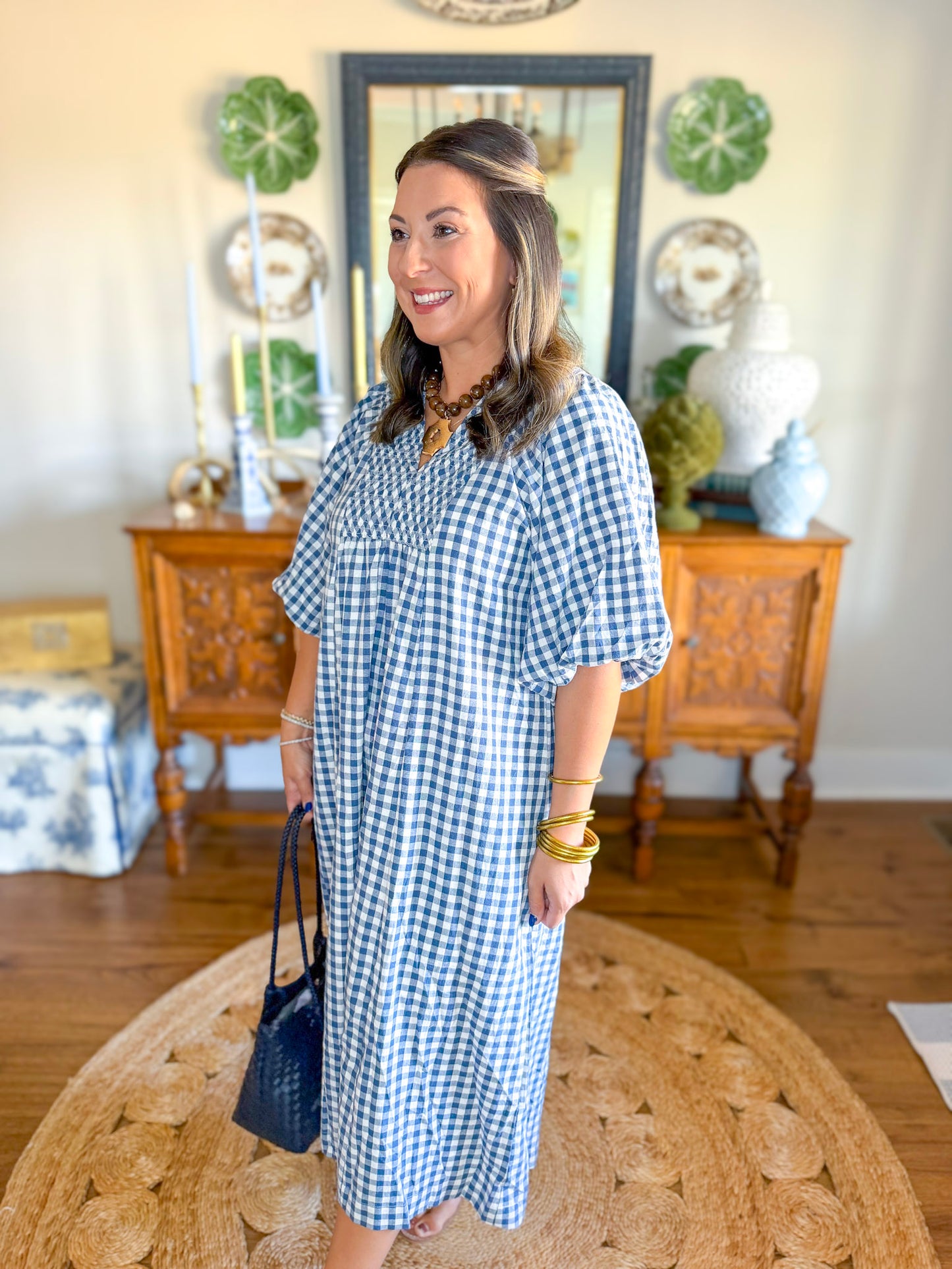 Cottage Gingham Midi Dress in Navy