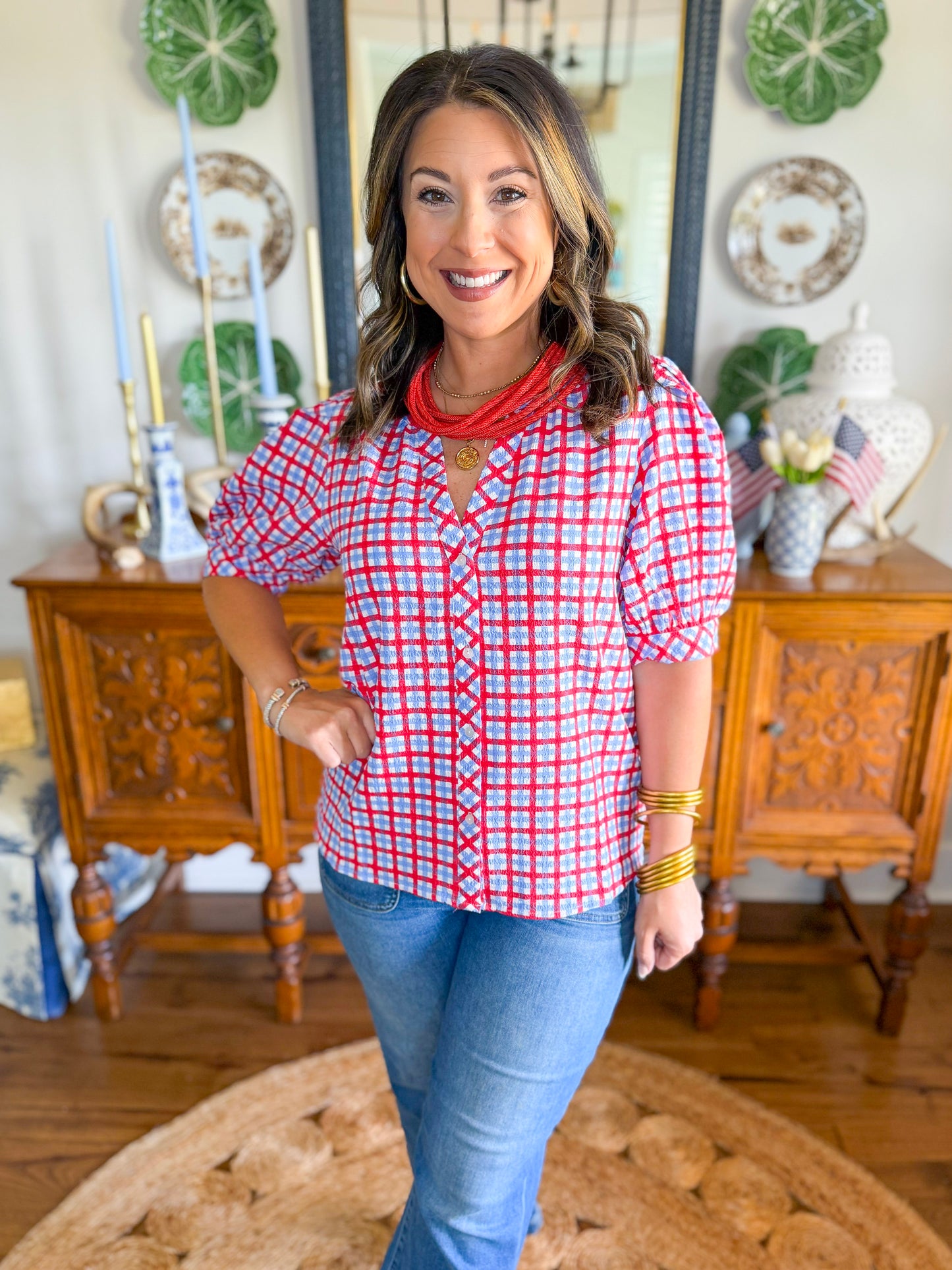 Mary Square | Elaine Top in Red and Blue Gingham