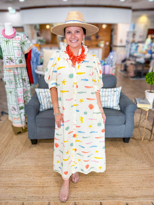 Karlie | Multi Fish Ruffle Collar Maxi Dress