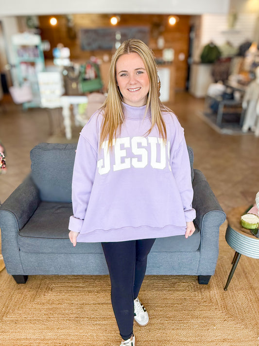 Jesus Embroidered Mock Neck Sweatshirt in Lavender