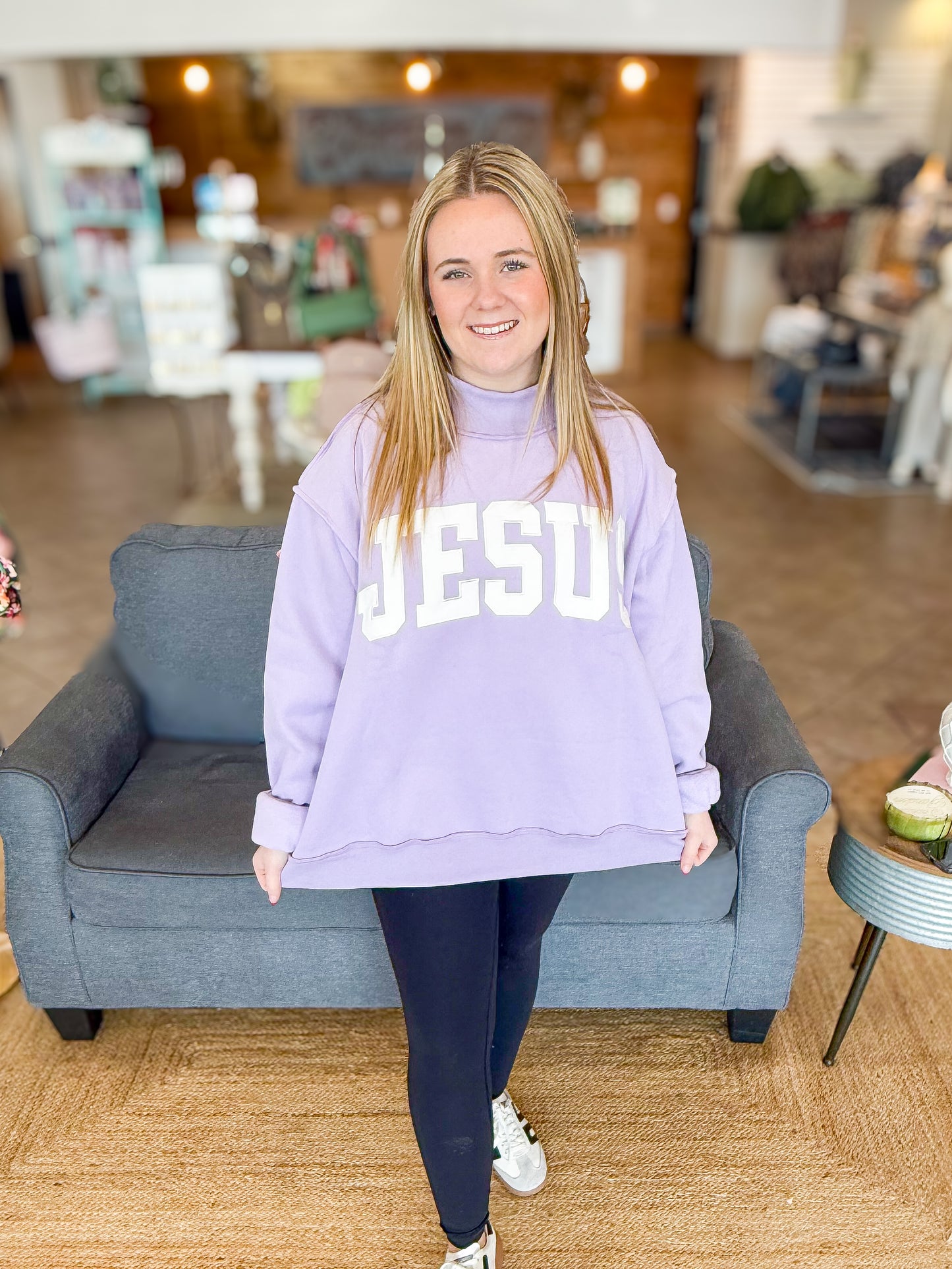 Jesus Embroidered Mock Neck Sweatshirt in Lavender